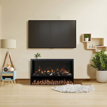 Black built-in electric fireplace with tall flame display in a modern living room