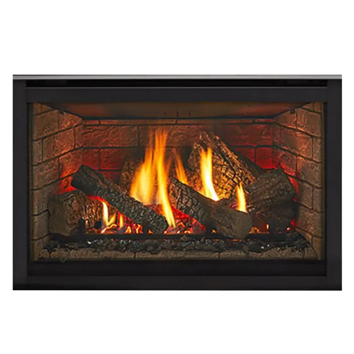 Direct vent fireplace insert with black frame and burning logs behind glass door