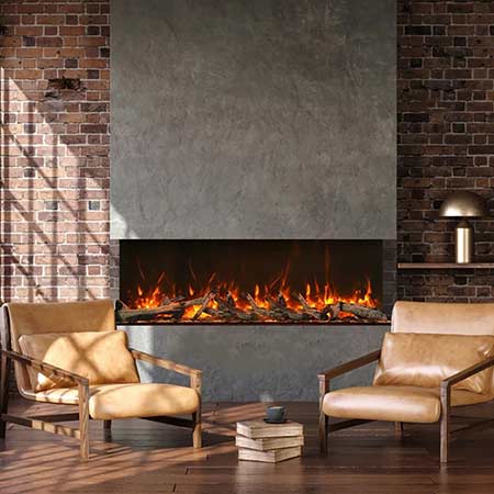 Built-in electric fireplace with burning logs and flames in a tall black firebox