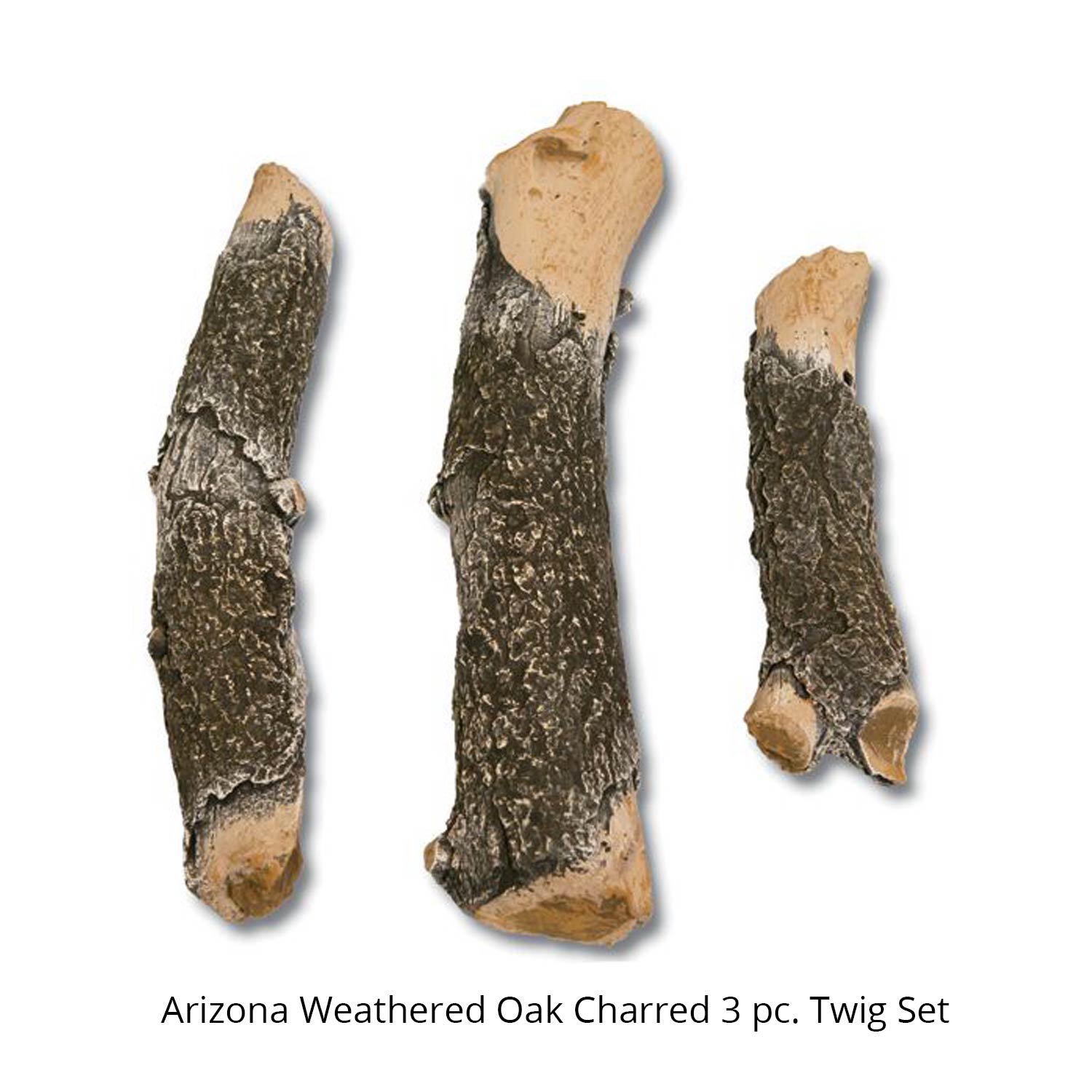 Charred twig set of 3 weathered oak pieces with rough bark, tan and dark