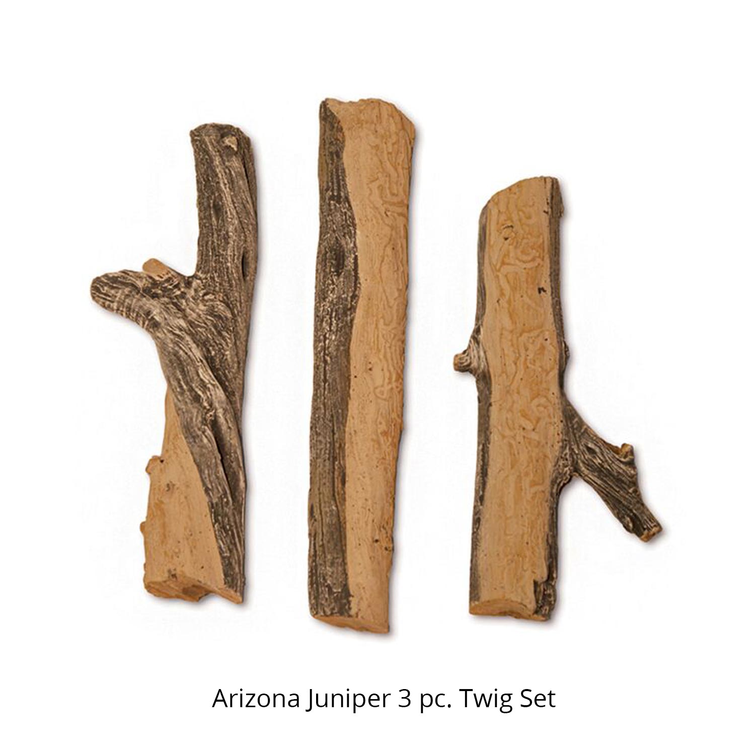 Juniper twig set: three bark-covered wood pieces, tan and dark brown
