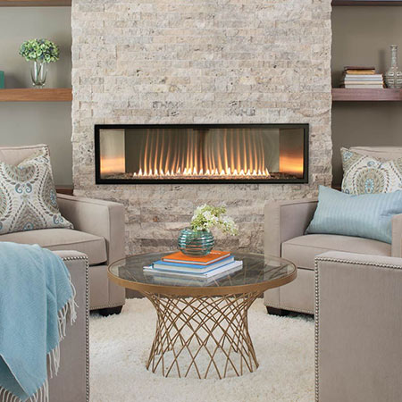 48-inch linear ventless fireplace with glass front and visible flame