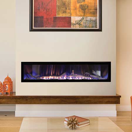 Linear ventless fireplace with black frame and glass front, showing gas flames