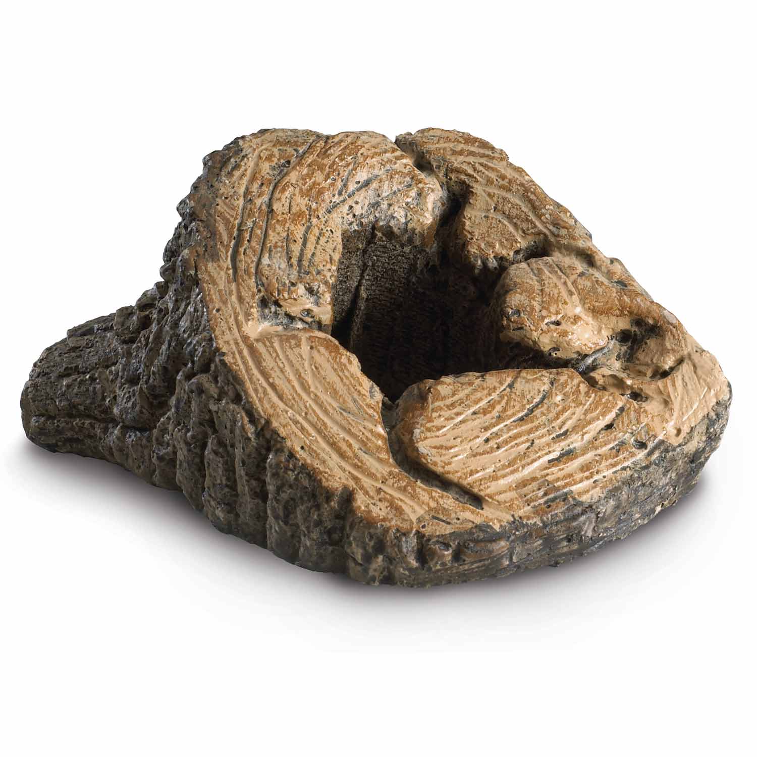 Wood chip ring sculpture with dark and tan textured carved surface