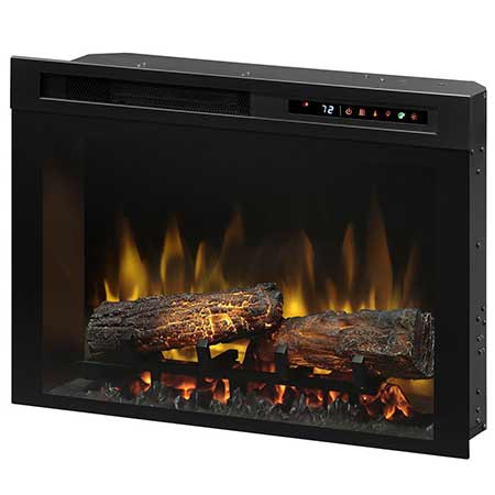 28-inch electric firebox with black surround, visible flames, and stacked log fuel